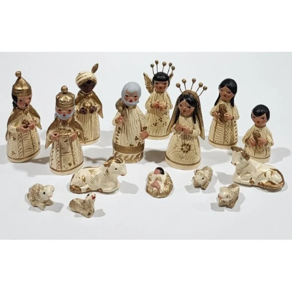 Vintage Mexican Clay Folk Art Nativity Set Gold Cream Christmas 15 Pc